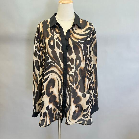 Chico's Ocelot Print Button Up Long Sleeve Blouse Sheer US Size XXL Chicos 4 - Picture 15 of 15